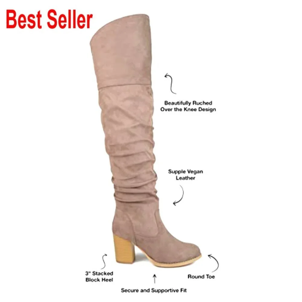 Faux Suede Over-the-Knee Boots with Stacked Heel and Ruched Detail